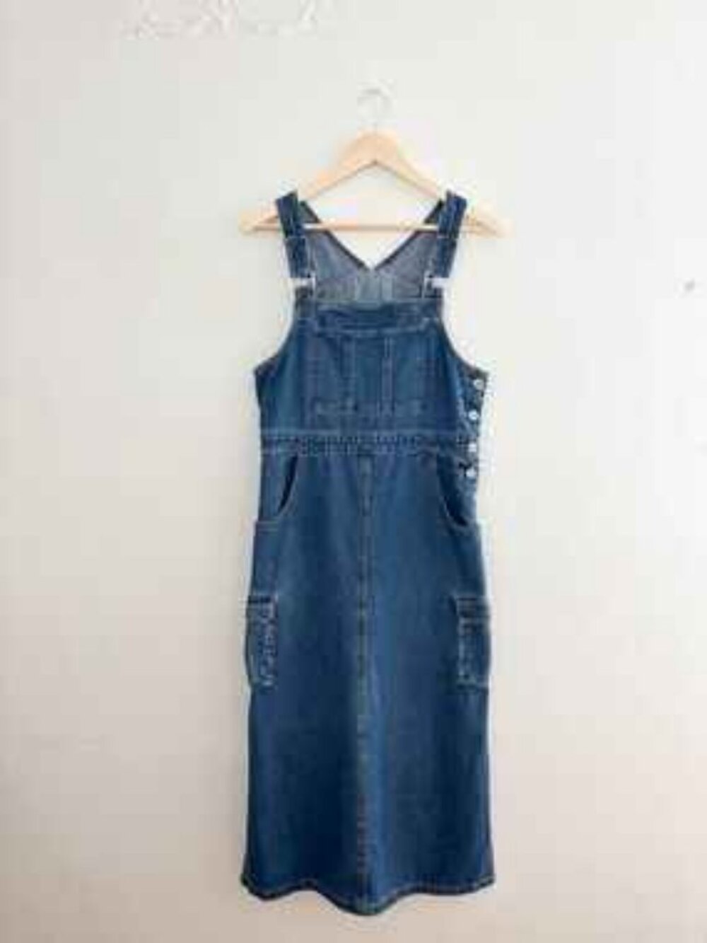 Vintage 90s Denim Overall Dress Utility Pockets Pinafore Large - Picture 2 of 11